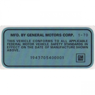 70 VEHICLE CERTIFICATION LABEL (SPECIAL ORDER)