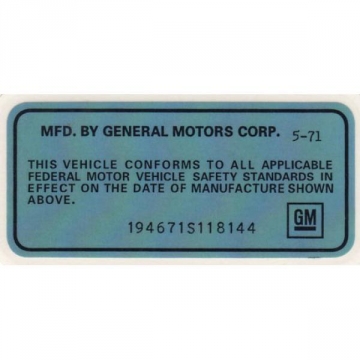 71 VEHICLE CERTIFICATION LABEL (SPECIAL ORDER)