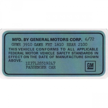 72 VEHICLE CERTIFICATION LABEL (SPECIAL ORDER)