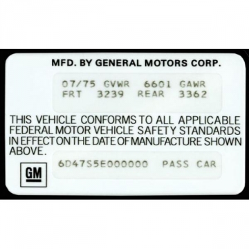 75-76 VEHICLE CERTIFICATION LABEL (SPECIAL ORDER)